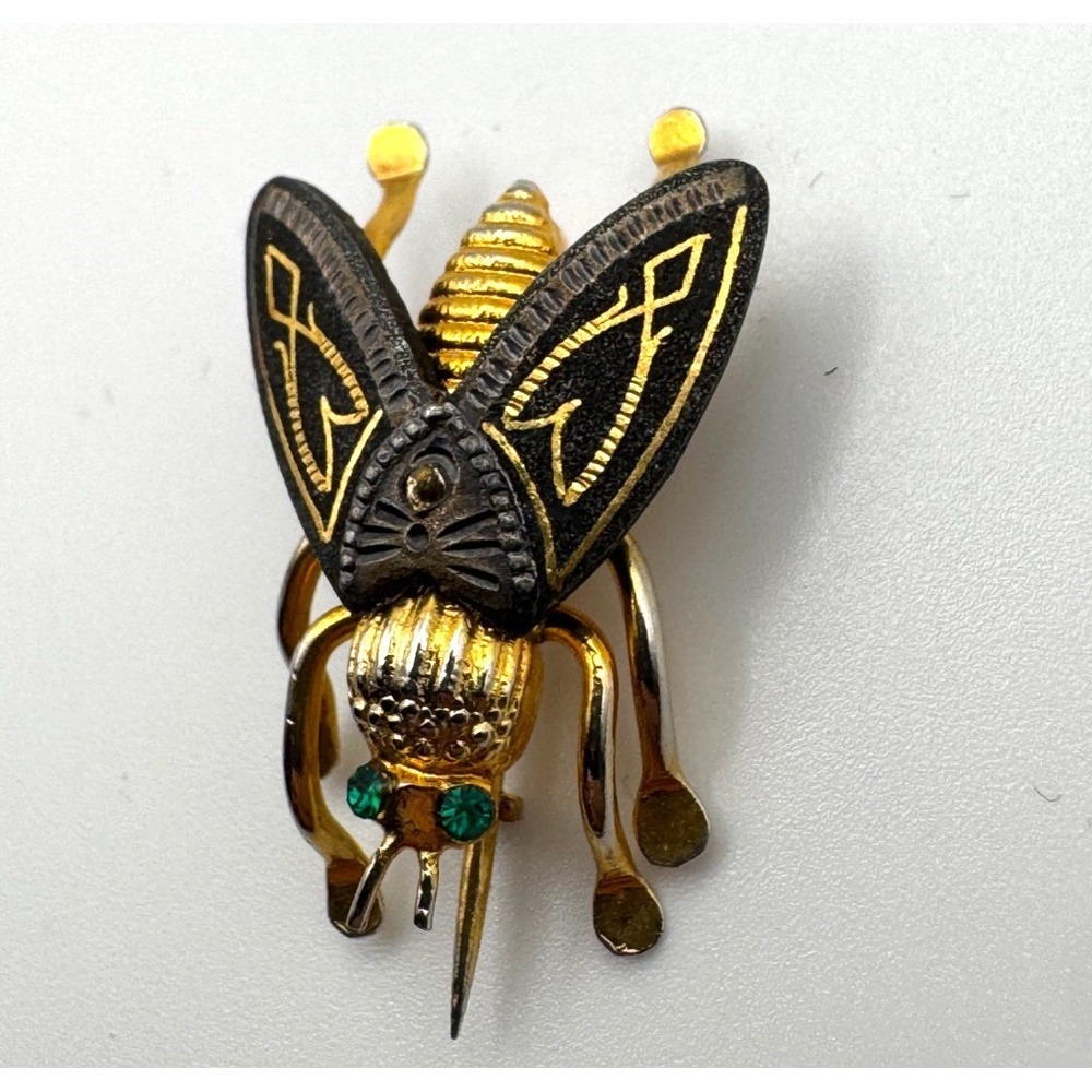 Vintage Fly Brooch Green Eyes Damascene Insect Pin Gold Black Mosquito